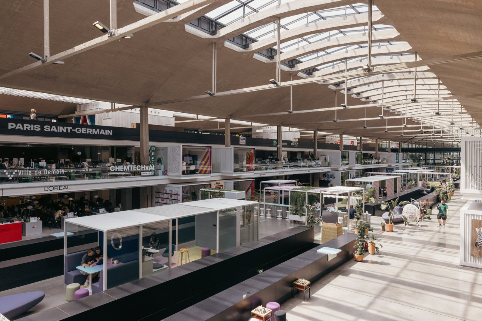 Inside STATION F: the main hall under its glass roof, with meeting pods, desks and founders at work